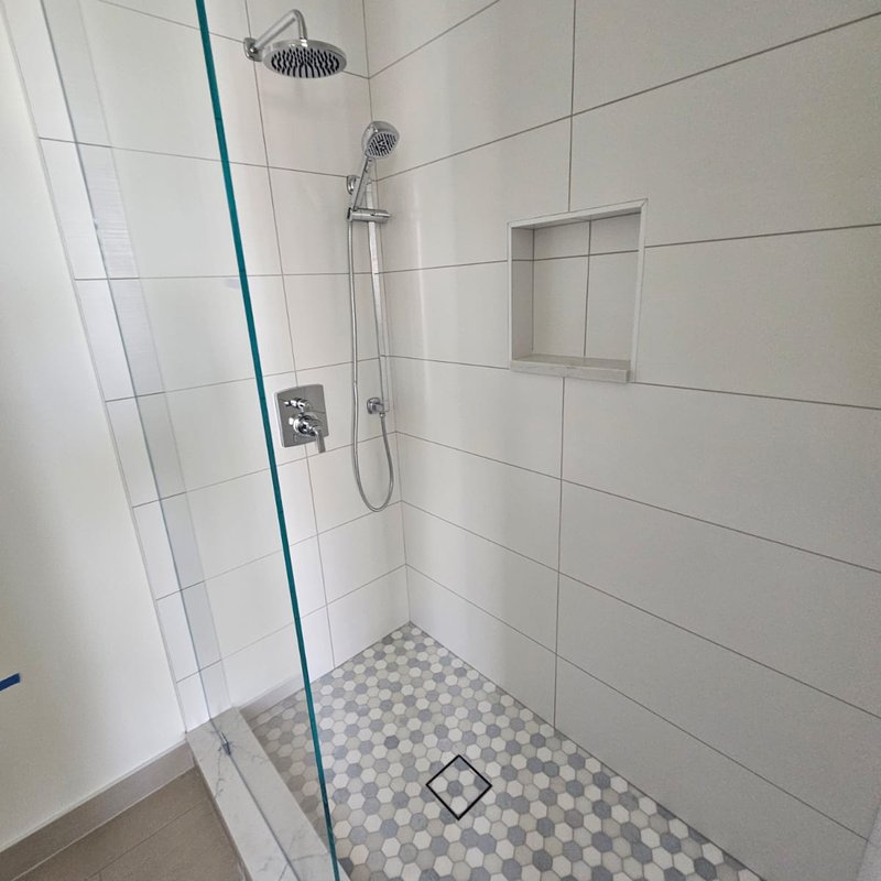 Patterned tile floor in a shower