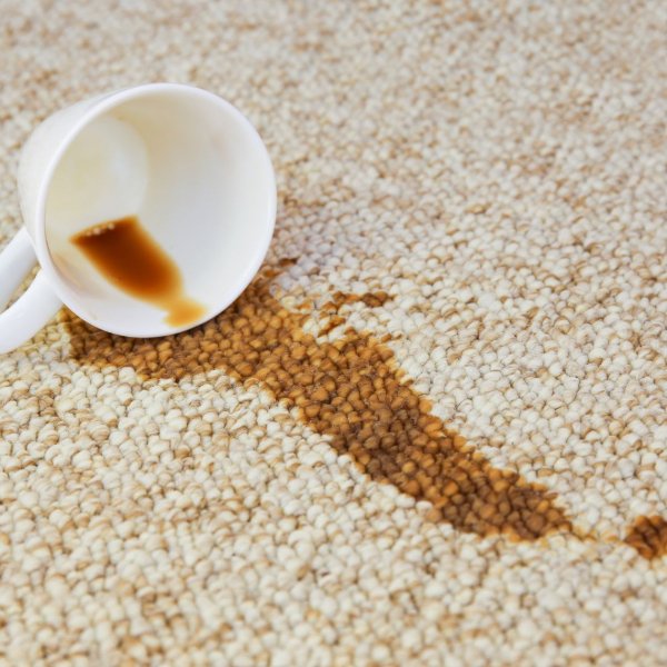 Spilled coffee cup on a beige carpet floor