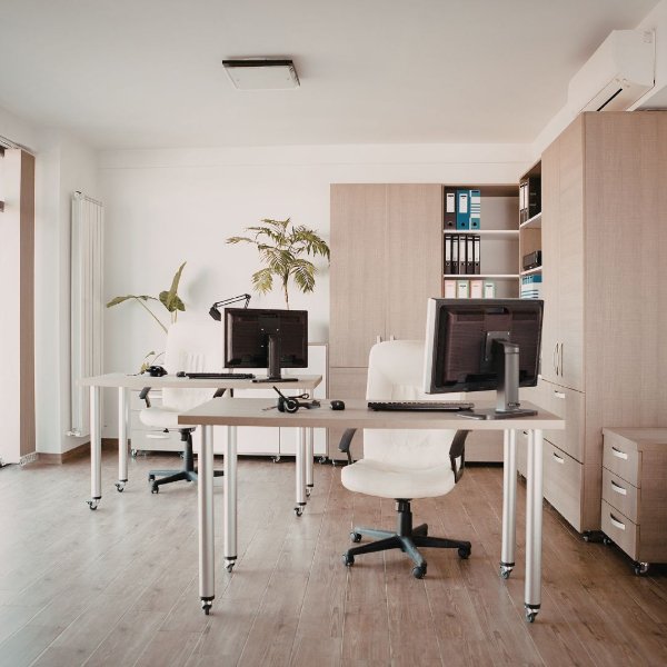 Modern home office with hardwood flooring